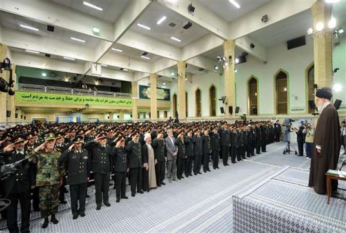 Leader of the Isalmic Revolution Ayatollah Khamenei addresses a group of Iranian police commanders and senior officers in Tehran on May 8, 2016.