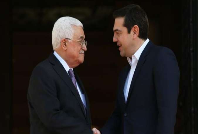 Greek Prime Minister Alexis Tsipras (R) meeting with Palestinian President Mahmoud Abbas