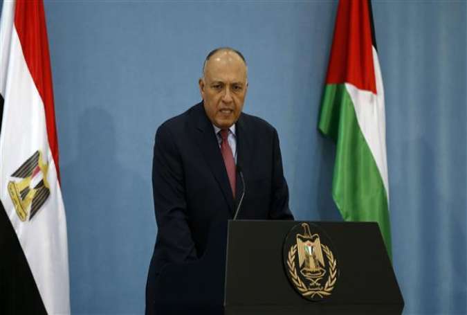 Egyptian Foreign Minister Sameh Shoukry speaks during a joint press conference with his Palestinian counterpart at the Palestinian Authority headquarters in the West Bank city of Ramallah, June 29, 2016.