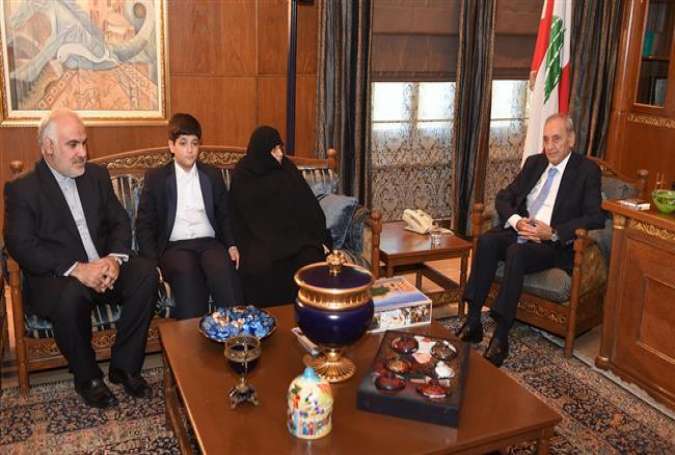 Lebanon’s Parliament Speaker Nabih Berri (R) meets with Iranian Ambassador to Beirut Mohammad Fathali (L) and relatives of the four abducted Iranian diplomats on June 9, 2016.