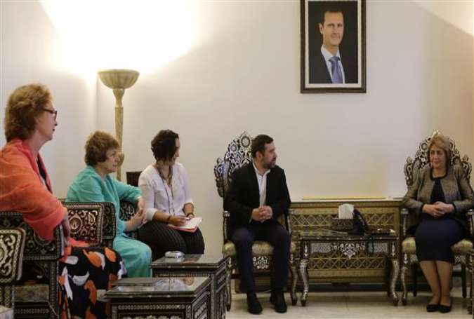 Syrian Parliament Speaker Hadiyeh Khalaf Abbas (R) meets with a delegation from the European Parliament headed by Deputy Chairman of Foreign Affairs Javier Couso (Second right) in Damascus, Syria, July 9, 2016.