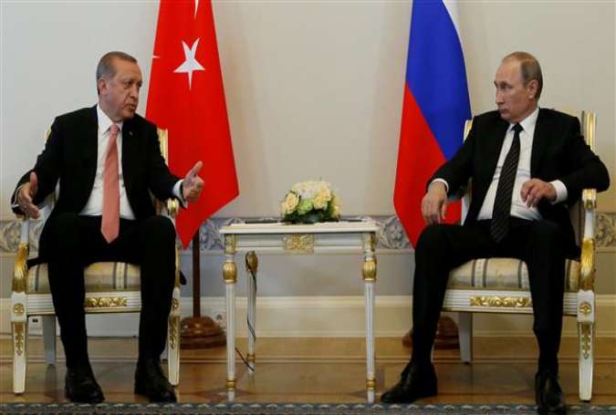 Russian President Vladimir Putin, right, meets with Turkish President Recep Tayyip Erdogan in St. Petersburg, Russia, August 9, 2016.