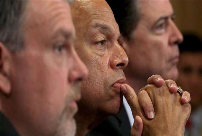 From left to right: National Counterterrorism Center Director Nicholas Rasmussen, Homeland Security Secretary Jeh Johnson and FBI Director James Comey testify before the House Homeland Security Committee on Capitol Hill, July 14, 2016, Washington, DC.