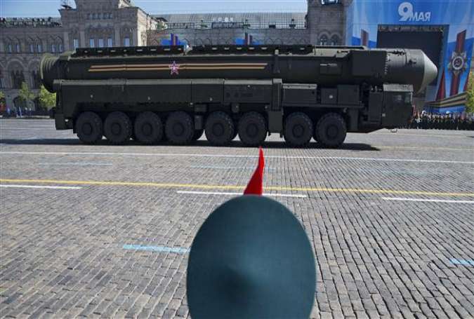 The file photo shows Topol-M, a Russian intercontinental ballistic missile, rolling across Moscow