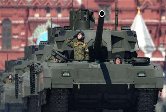 A group of Armata tanks ride through Moscow