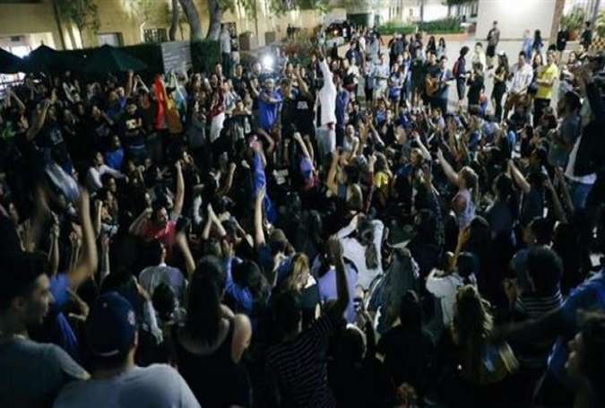 Students unhappy with the election of Donald Trump as president protest at the campus of UCLA in Los Angeles, California, on Wednesday, November 9, 2016.