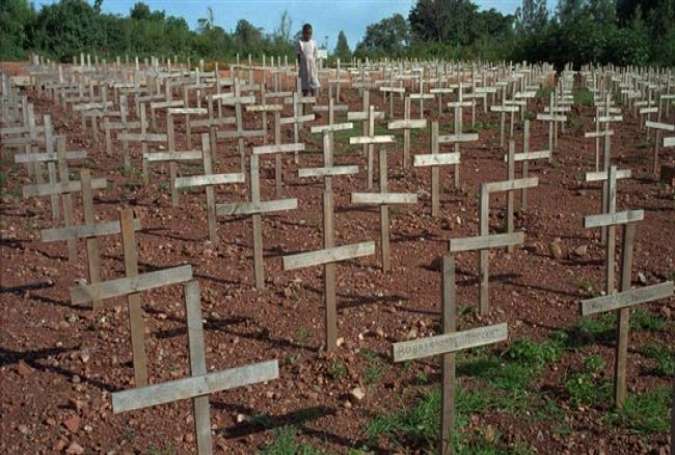 Crosses stand as a memorial to the hundreds of thousands of victims of the 1994 Rwandan genocide.