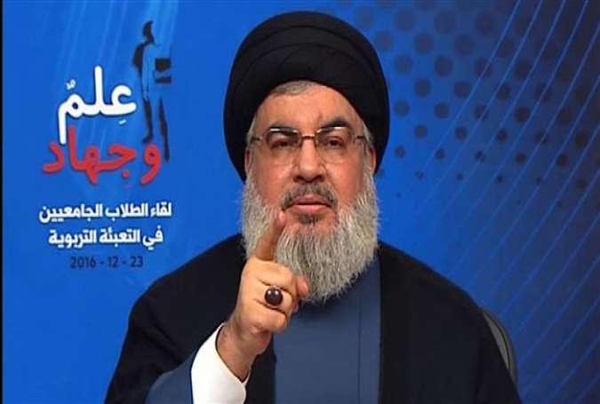 Seyyed Hassan Nasrallah, the secretary General of the Lebanese Hezbollah resistance movement, delivers a speech via a video link from the Lebanese capital city of Beirut on December 23, 2016.
