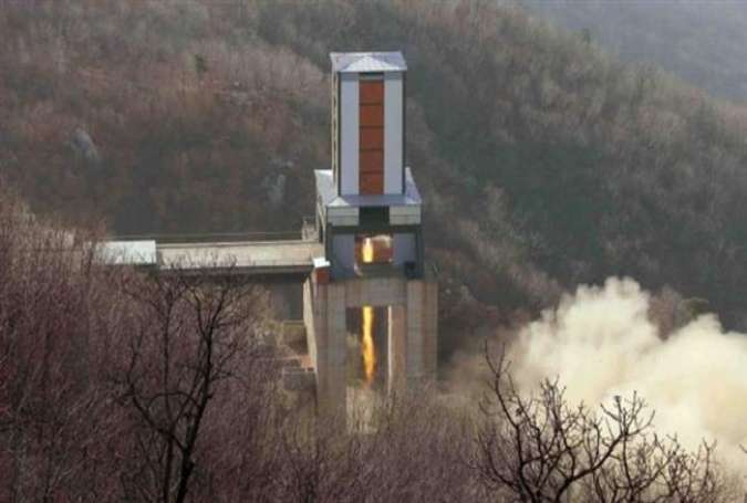 A new engine for an intercontinental ballistic missile (ICBM) is seen being tested at a site at Sohae Space Center in North Pyongan Province in North Korea in this undated photo released by North Korea’s Korean Central News Agency (KCNA) on April 9, 2016.