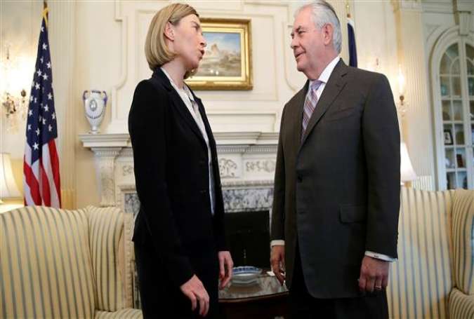 US Secretary of State Rex Tillerson (R) meets with European Union foreign policy chief Federica Mogherini at the State Department in Washington, DC, on February 9, 2017.