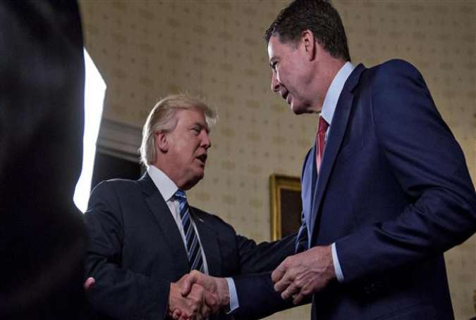 US President Donald Trump shakes hands with FBI Director James Comey in the Blue room of the White House, Washington, DC, January 22, 2017.
