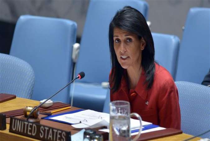 US Ambassador to the UN Nikki Haley speaks during an United Nations Security Council meeting on Syria, at the UN headquarters in New York on April 7, 2017. (Photo by AFP)