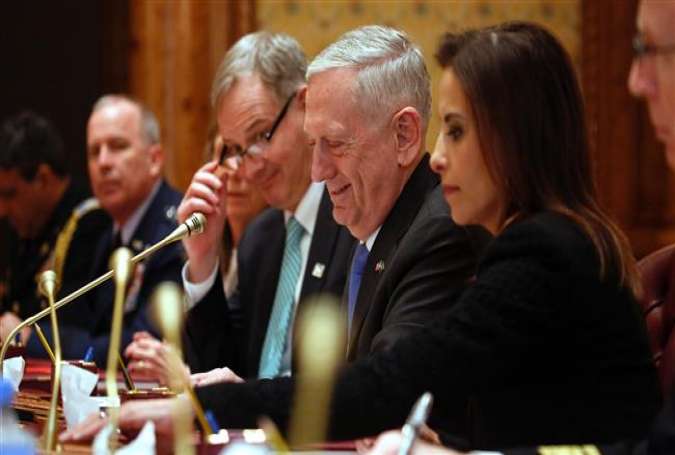 US Defense Secretary James Mattis (C) and White House Deputy National Security Adviser Dina Powell (C-R) attend a meeting with Saudi officials in Riyadh on April 19, 2017. (Photo by AFP)