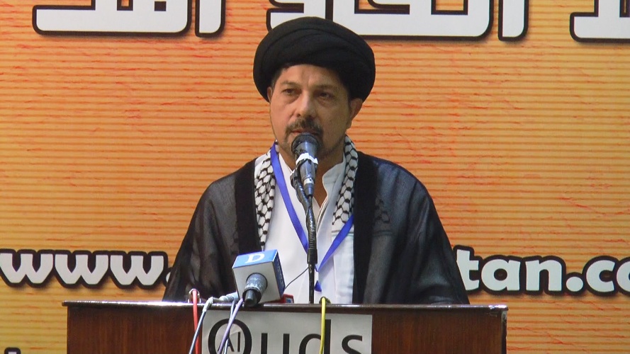 کراچی، القدس کانفرنس سے مجلس وحدت مسلمین پاکستان کے مرکزی رہنماء علامہ باقر زیدی خطاب کر رہے ہیں