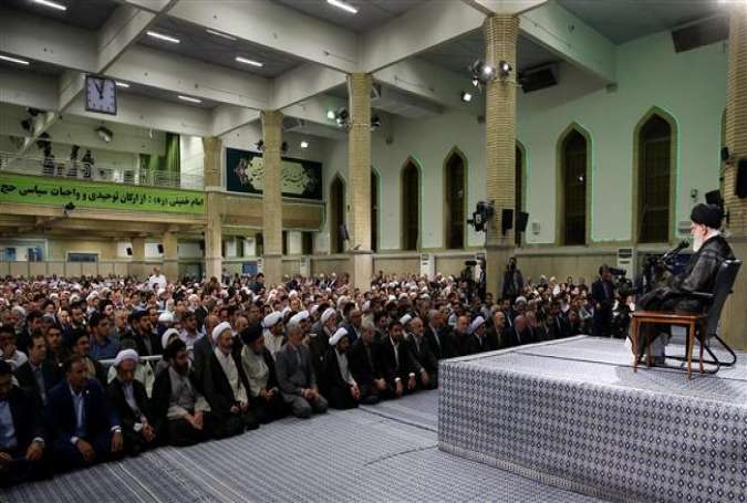 Leader of the Islamic Revolution Ayatollah Seyyed Ali Khamenei speaks with officials in charge of the annual Hajj pilgrimage in Tehran on July 30, 2017.