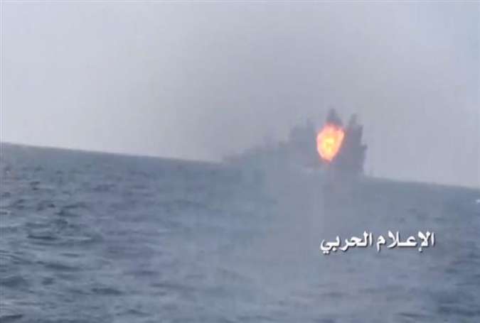 This picture, provided by the Joint Operations Command of Yemen, shows fire raging from Saudi al-Madinah warship following a guided missile attack in waters near the western Yemeni city of Hudaydah on January 30, 2017.