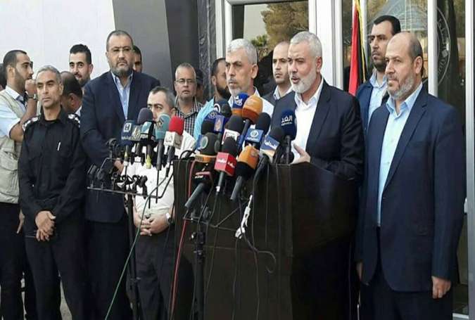 Hamas Political Bureau Chief Ismail Haniya addressing the press in Gaza