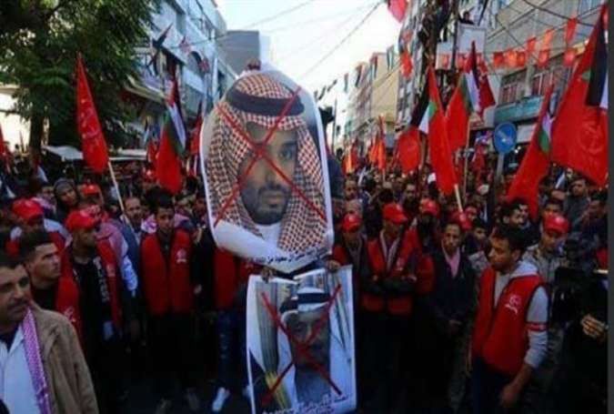 Palestinian protesters carry crossed-out pictures of Saudi Crown Prince Mohammad bin Salman and his father King Salman.jpg