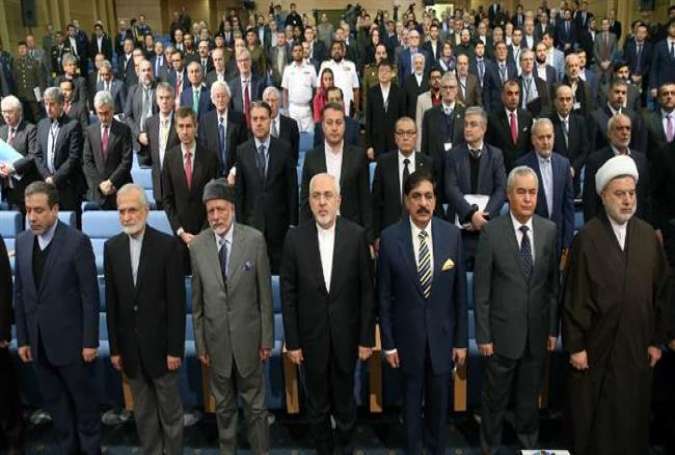Iranian and foreign dignitaries, including Foreign Minister Mohammad Javad Zarif (4th R, 1st row), are seen at the venue of Tehran Security Conference on January 8, 2018. (Photo by IRNA)