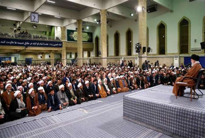 Leader of the Islamic Revolution Ayatollah Seyyed Ali Khamenei addresses people from the holy city of Qom, during a meeting in the capital, Tehran, on January 9, 2017. (Photo by IRNA)