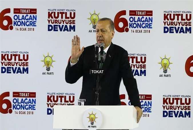 Turkish President Recep Tayyip Erdogan speaks at the provincial congress of the ruling Justice and Development Party (AK Party) in Turkey’s central province of Tokat on January 14, 2018. (Photo by Anadolu news agency)
