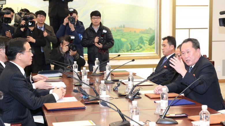 Head of the North Korean delegation, Ri Son Gwon talks with South Korean counterpart Cho Myoung-gyon during their meeting at the truce village of Panmunjom in the demilitarized zone separating the two Koreas, South Korea.
