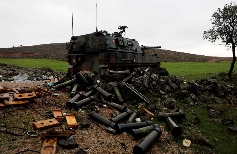Empty shells are seen next to a Turkish army howitzer on the Turkish-Syrian border in Hatay province, Turkey January 23, 2018.