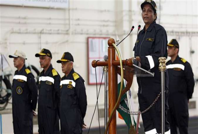 In this photograph, released by the Indian Ministry of Defense on January 9, 2018, Minister of Defense Nirmala Sitharaman is seen addressing the Western Fleet on board INS Vikramaditya during the operational maneuvers of the Western Fleet ships, conducted by the Indian Navy. (Via AFP)
