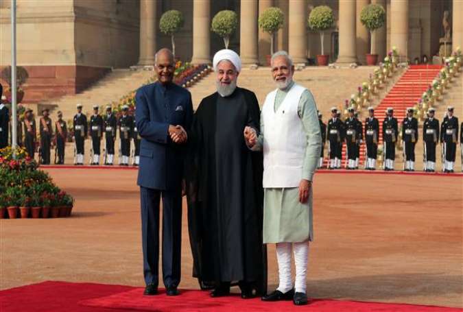 Iran’s President Hassan Rouhani (C), Indian President Ram Nath Kovind (L), and Indian Prime Minister Narendra Modi are seen at Rashtrapati Bhavan, India’s presidential palace, in the capital, New Delhi, on February 17, 2018. (Photo by president.ir)