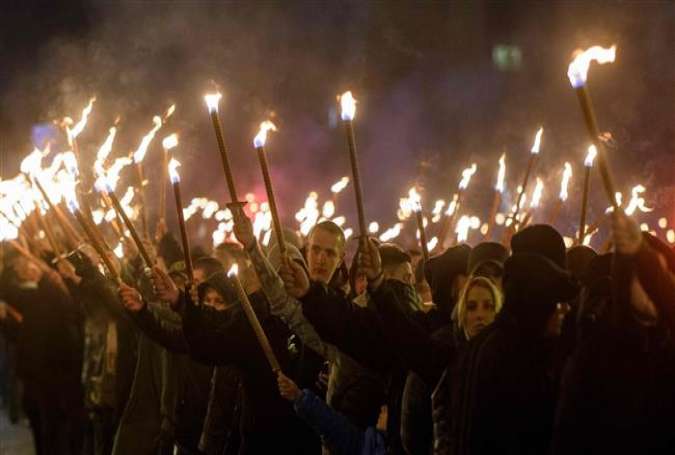 Members of nationalist organizations march with torches during a march to commemorate to commemorate Bulgarian General and politician Hristo Lukov, in the centre of Sofia on February 17, 2018. (Photos by AFP)