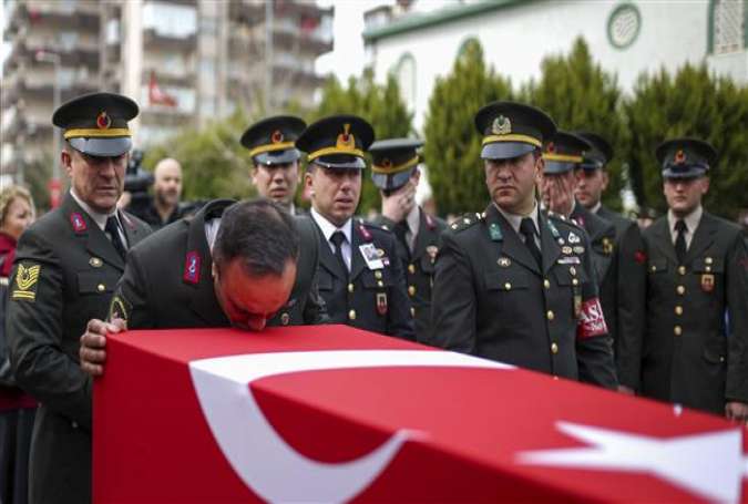Soldiers mourn over the coffin of a young fellow killed in Syria’s Afrin during a funeral ceremony in Izmir Turkey, March 2, 2018. (Photo by AP)