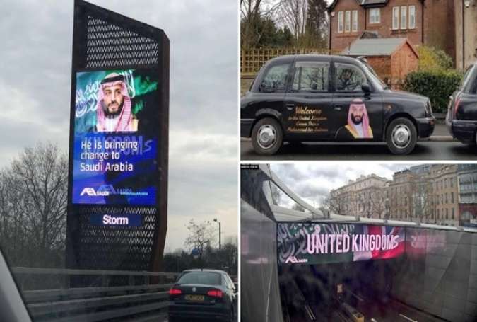 The royal’s pictures have even been plastered on taxicabs, prompting social media users to say the British capital is now looking like Riyadh.
