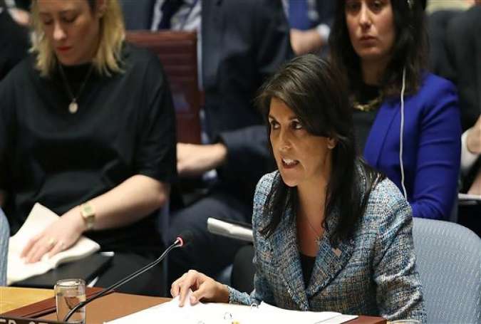 United States Ambassador to the United Nations Nikki Haley speaks at a Security Council meeting on the the situation in Syria at the United Nations on March 12, 2018 in New York City.
