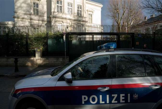 Austrian police car drives outside of the Iran ambassador