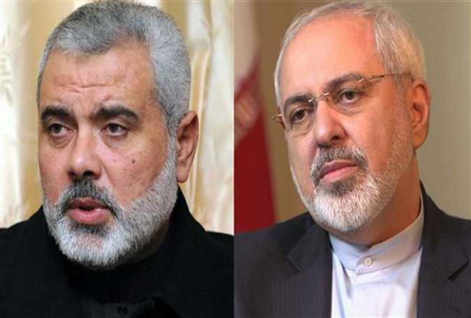 The combined photo shows Iranian Foreign Minister Mohammad Javad Zarif (R) and leader of the Palestinian resistance movement Hamas Ismail Haniyeh.