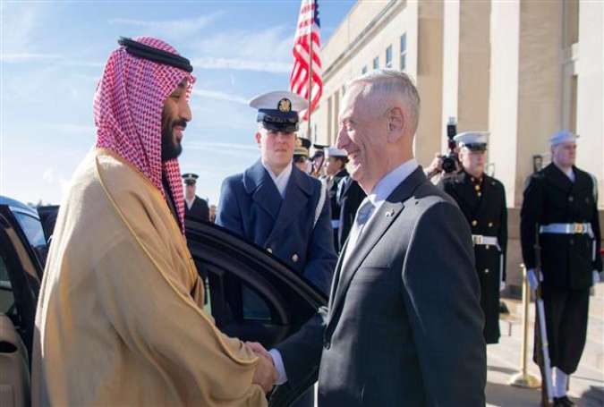 A handout picture provided by the Saudi Royal Palace on March 22, 2018 shows Crown Prince Mohammed bin Salman (L) shaking hands with US Secretary of Defense James Mattis during his reception at the Pentagon in Washington, DC. (Via AFP)