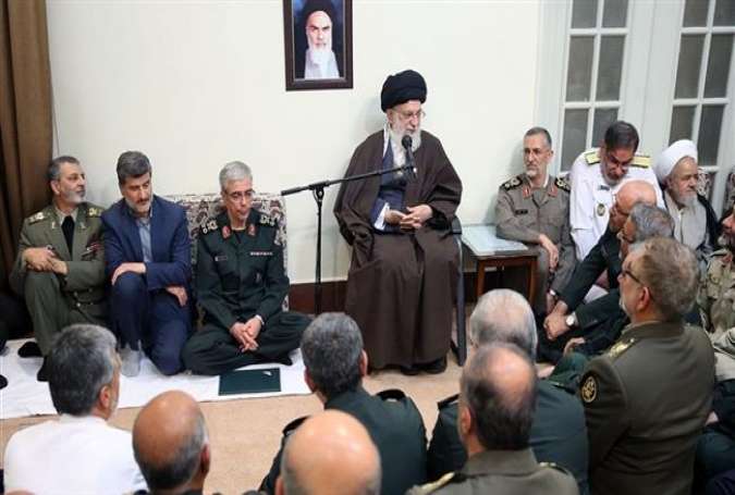Leader of the Islamic Revolution Ayatollah Seyyed Ali Khamenei addresses a group of senior commanders of the Iranian Armed Forces, Sunday, April 08, 2018. (Photo by Tasnim News Agency)