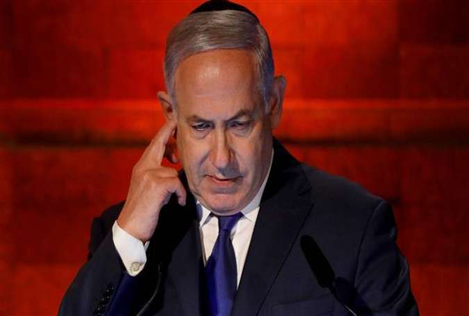 Israeli Prime Minister Benjamin Netanyahu delivers a speech on April 11, 2018 at the Yad Vashem Holocaust memorial in Jerusalem al-Quds. (Photo by AFP)