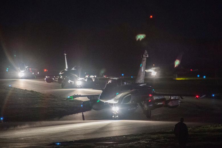 French Rafale fighter jets prepare to take off late April 13, 2018 from the Saint-Dizier military base in eastern France.