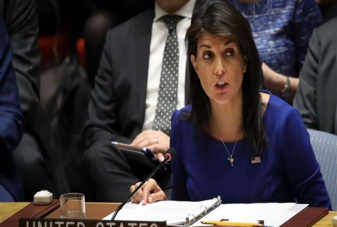 United States ambassador to the United Nations Nikki Haley speaks during a United Nations Security Council meeting at United Nations headquarters, April 14, 2018 in New York City. (Photo by AFP)