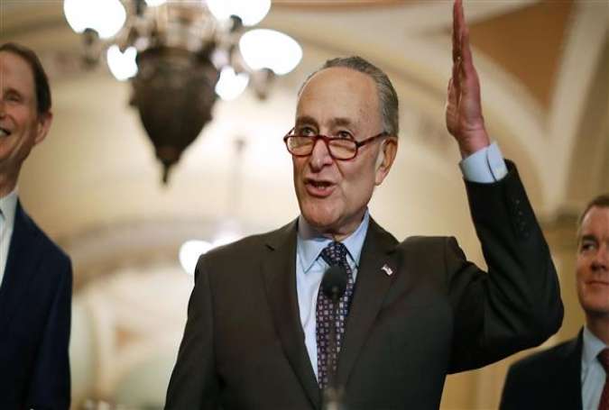Senate Minority Leader Charles Schumer (D-NY) talks to reporters following the weekly Democratic policy luncheon at the US Capitol April 17, 2018 in Washington, DC. (Photo by AFP)