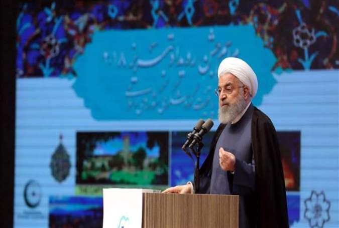 Iranian President Hassan Rouhani speaks at the inauguration ceremony of an international tourism event in the Iranian northwestern city of Tabriz on April 25, 2018.