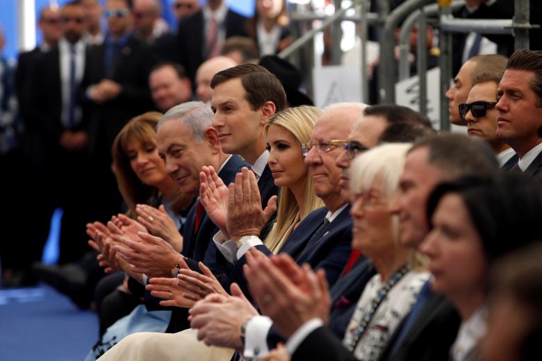 Israeli Prime Minister Benjamin Netanyahu, Senior White House Advisers Jared Kushner and Ivanka Trump and Israeli President Reuven Rivlin applaud during the dedication ceremony.