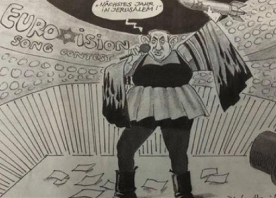 The photo shows a cartoon published on May 15, 2018, by German daily Sueddeutsche depicting Prime Minister Benjamin Netanyahu.