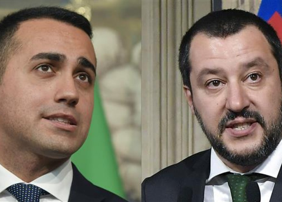 This combination of files pictures created on May 10, 2018 shows anti-establishment Five Star Movement (M5S) leader Luigi Di Maio (L) speaking to the press after a meeting with Italian President Sergio Mattarella on May 7, 2018 at the Quirinale palace in Rome. (Photo by AFP)