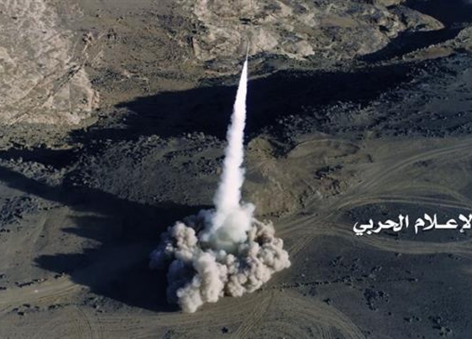 This file picture shows a domestically-designed and -developed Badr-1 ballistic missile shortly after launch in Yemen. (Photo by the media bureau of Yemen’s Operations Command)