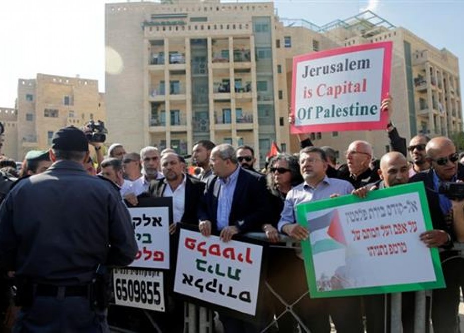 Israeli Arab Knesset (Parliament) members and left wing activists participate in protest against the opening of the new US embassy in Jerusalem al-Quds, during the embassy