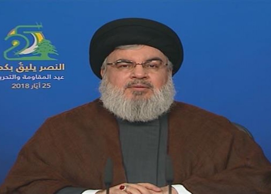 Secretary General of the Lebanese resistance movement, Sayyed Hassan Nasrallah, address his supporters via a televised speech broadcast live from the Lebanese capital city of Beirut on May 25, 2018.