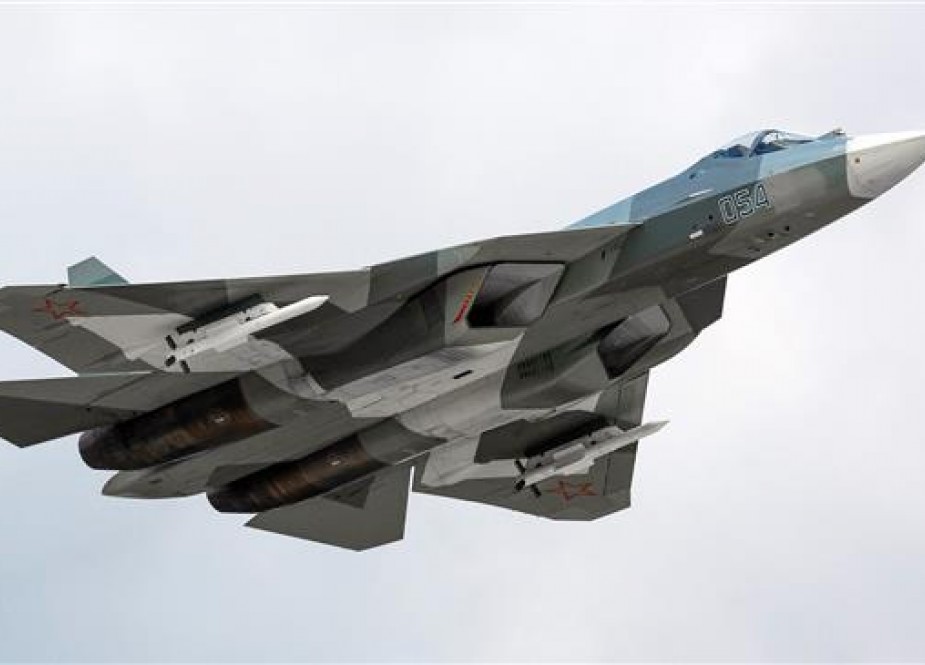 This file picture shows a Russian Sukhoi Su-57 fifth-generation fighter jet in flight.