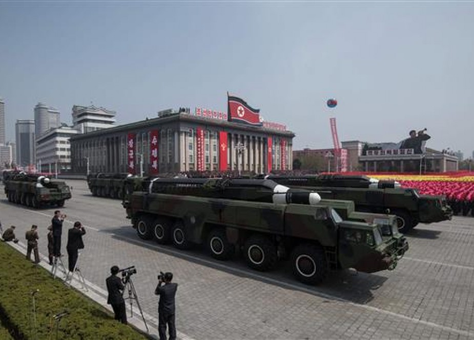 This file photo taken on April 15, 2017 shows an unidentified missile and mobile launcher making its way through Kim Il-Sung Square during a military parade marking the 105th anniversary of the birth of late North Korean leader Kim Il-Sung in Pyongyang. (Photo by AFP)
